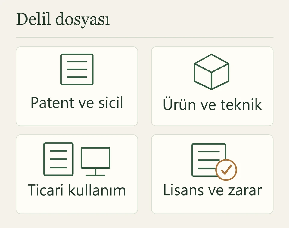 Delil dosyasındaki dört belge grubu: patent ve sicil, ürün ve teknik belgeler, ticari kullanım, lisans ve zarar belgeleri.